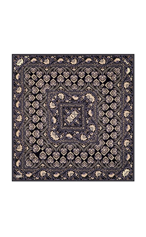 Dark Indigo Crown Pattern Twill Silk Scarf 