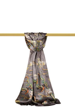 Dark Gray Almond Blossom Silk Scarf 