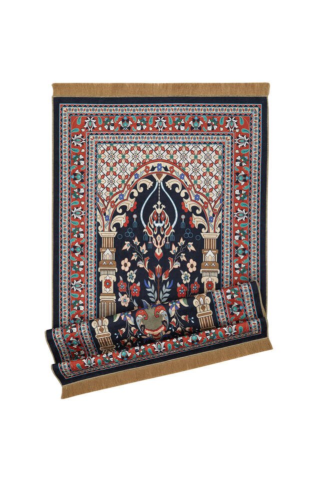 Dark Navy Blue Velvet Carpet Prayer Rug - 4
