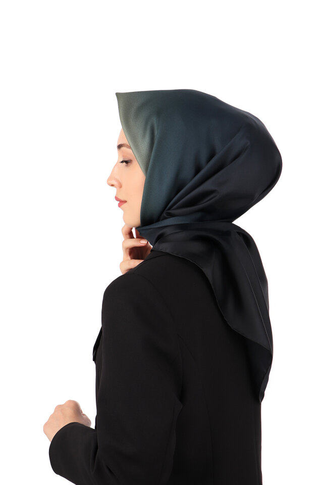 Beige Navy Blue Gradient Twill Silk Scarf - 2