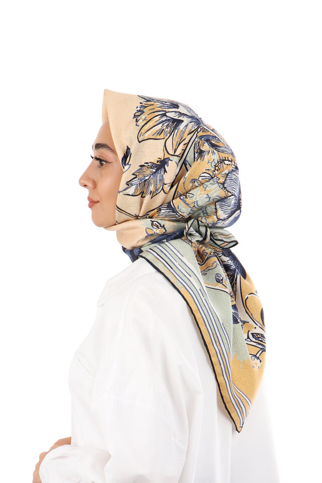 Gold Sea Pattern Twill Silk Scarf - 2