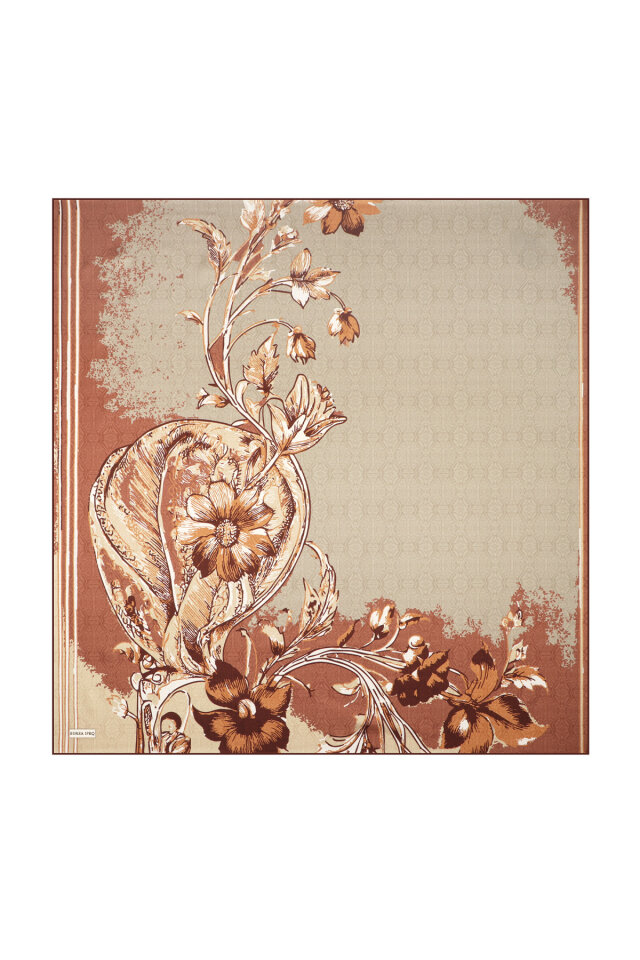 Beige Ocean Pattern Twill Silk Scarf - 3