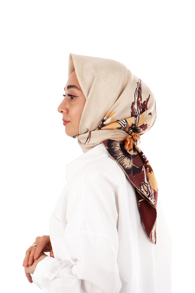 Brown Sea Pattern Twill Silk Scarf - 2