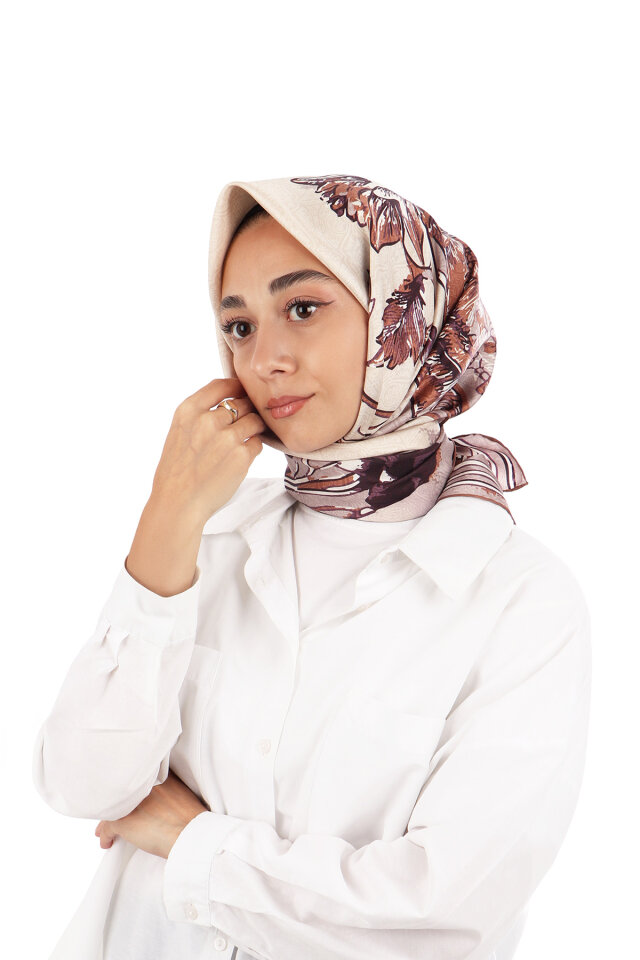 Mink Sea Pattern Twill Silk Scarf - Bursa İpek