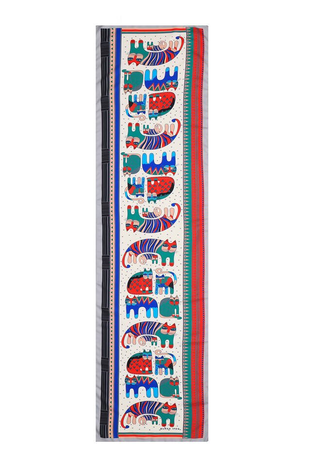 Gri Kırmızı Desenli İpeksi Fular - 4