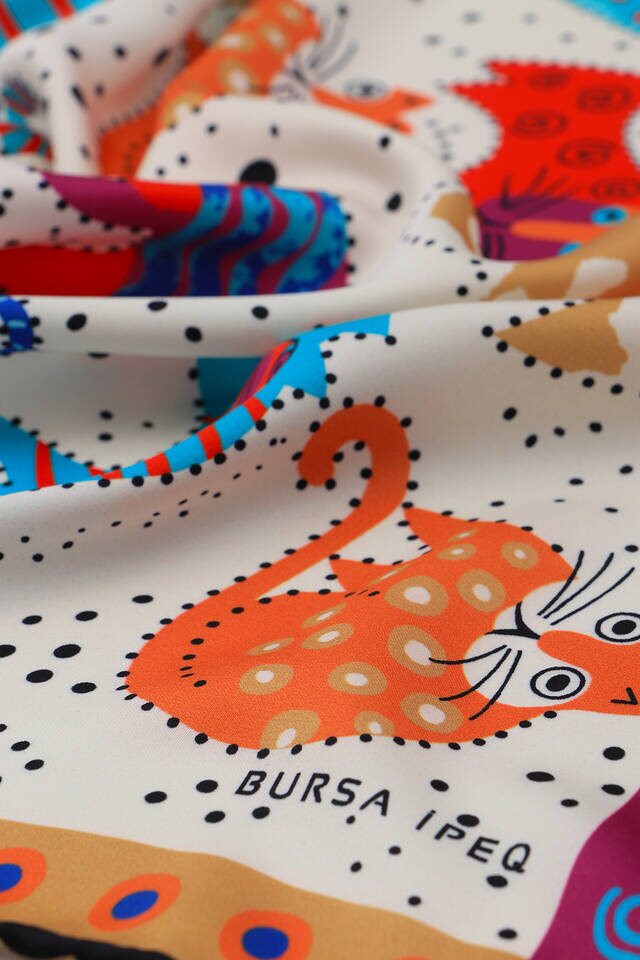 Turkuaz Bej Desenli İpeksi Mendil - 3