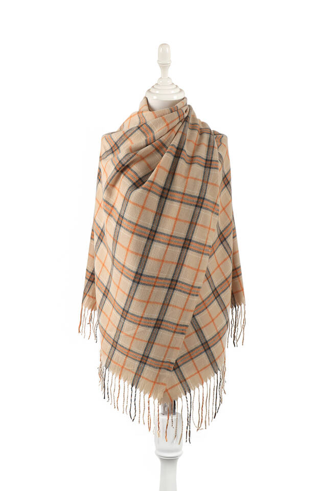 Bej Turuncu Desenli Kışlık Şal 