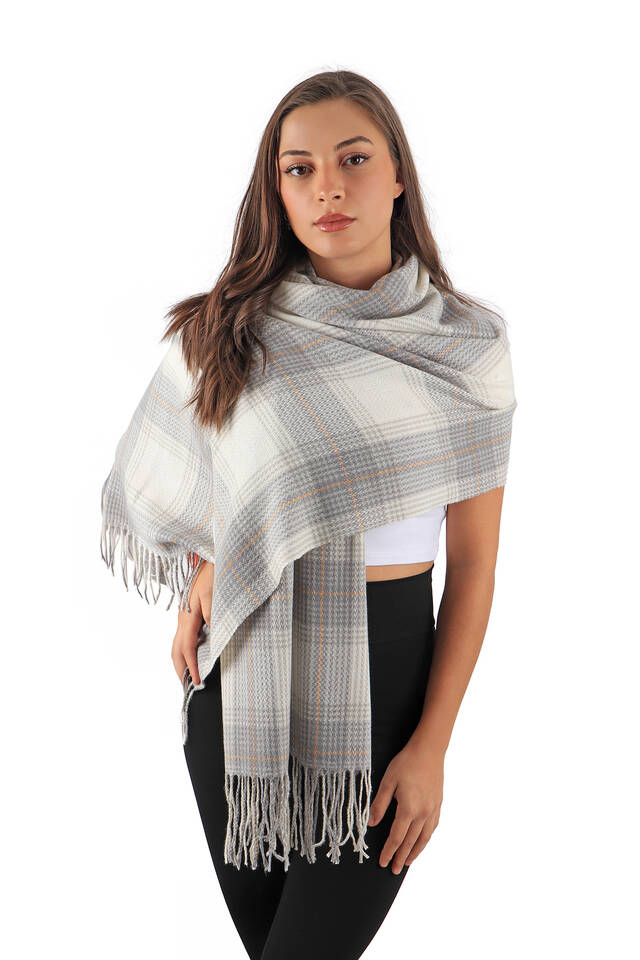 Ekru Gri Desenli Kışlık Şal - 2