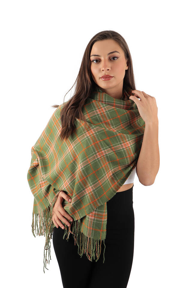 Yeşil Turuncu Desenli Kışlık Şal - 2