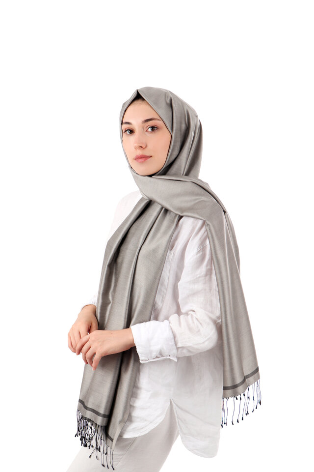 Gray Black Double-Sided Silk Shawl - Bursa İpek