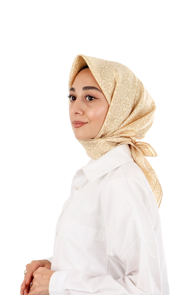 Beige Dream Pattern Twill Silk Scarf - Bursa İpek