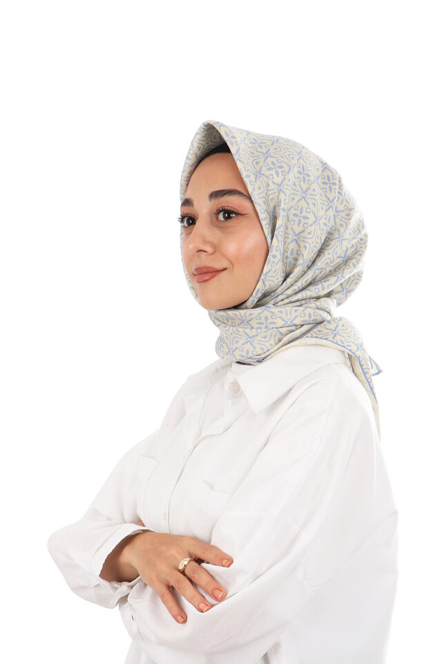 Blue Dream Pattern Twill Silk Scarf - Bursa İpek