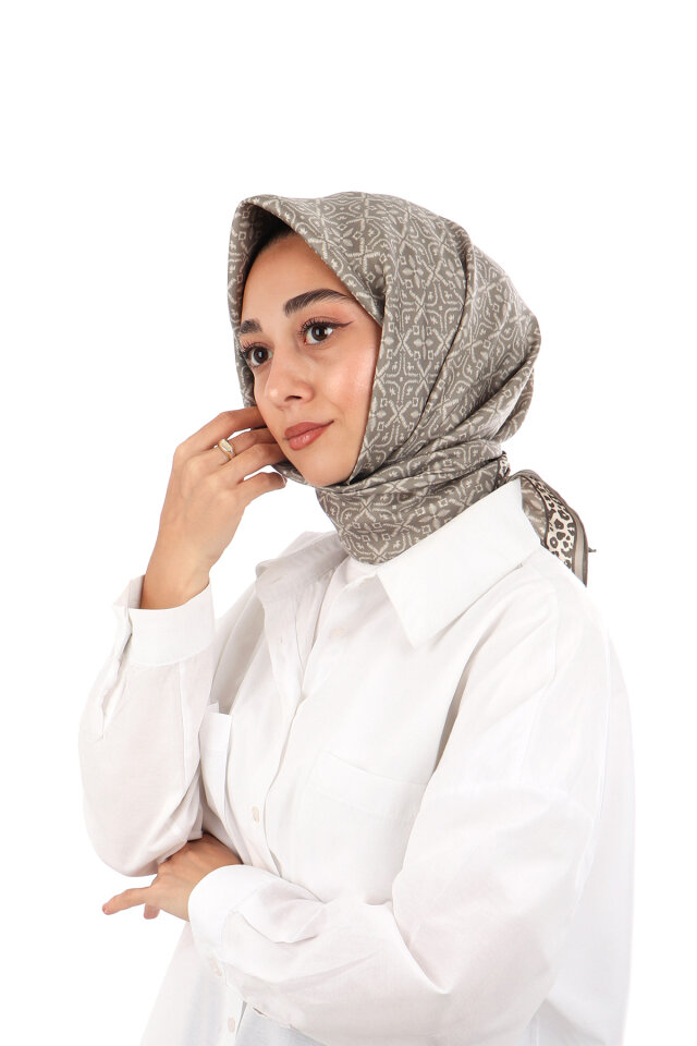 Dark Stone Dream Pattern Twill Silk Scarf - Bursa İpek