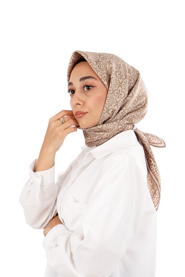 Milky Coffee Dream Pattern Twill Silk Scarf - Bursa İpek