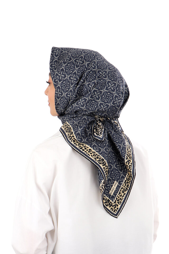 Navy Blue Dream Pattern Twill Silk Scarf - 2