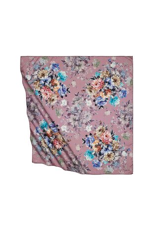 Dried Rose Quadflower Pattern Silky Square Scarf - Thumbnail