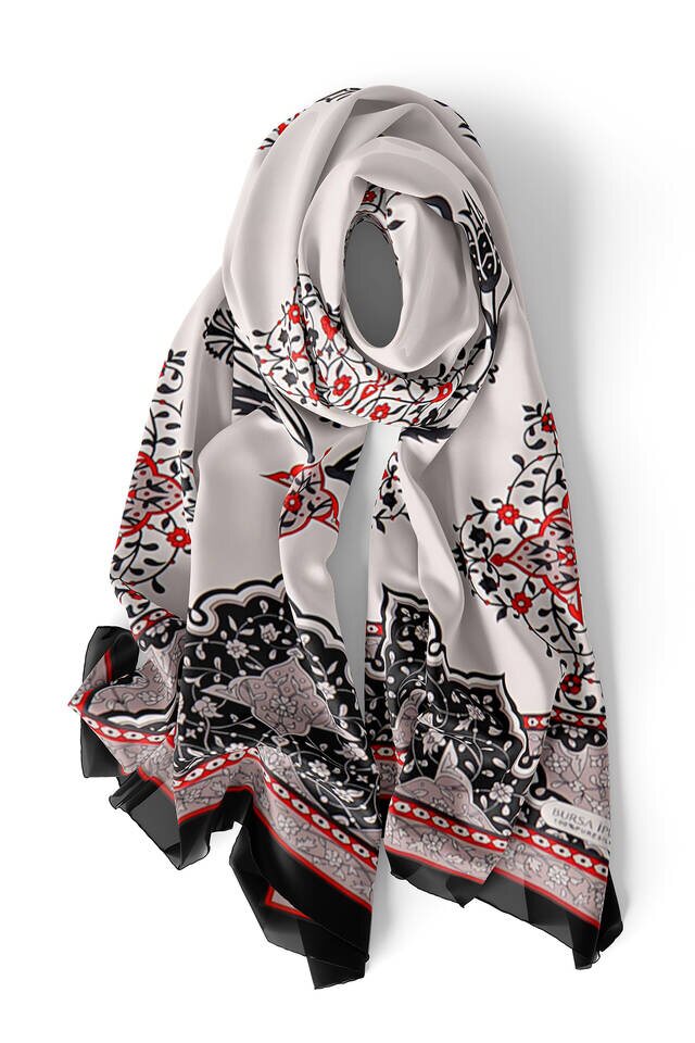 Ecru Black Candlestick Tulip Silk Foulard - 3