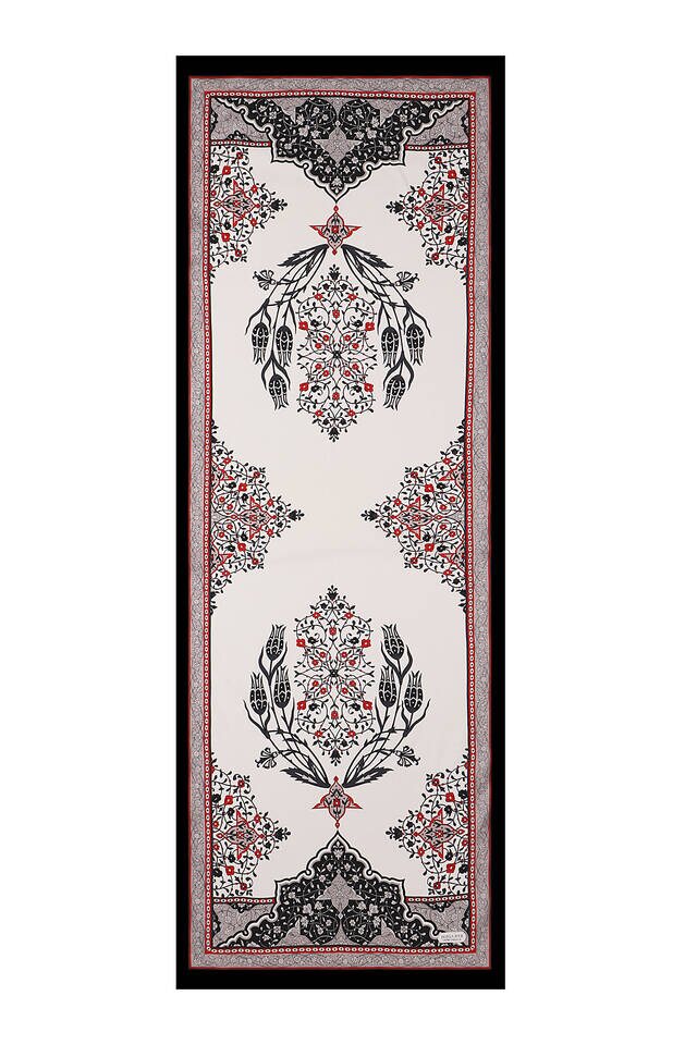 Ecru Black Candlestick Tulip Silk Foulard - 4