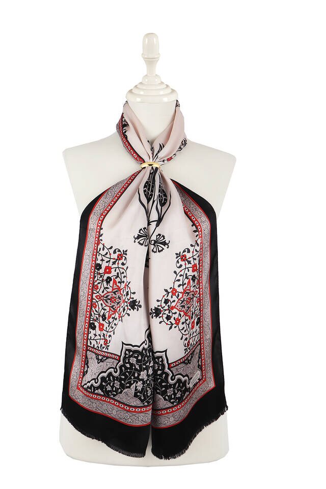 Ecru Black Candlestick Tulip Silk Foulard - Bursa İpek