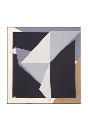 Ecru Black Geometric Pattern Twill Silk Square Scarf - Thumbnail