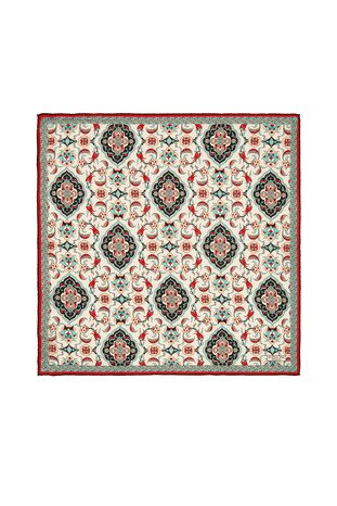 Ecru Black Tile Tulip Pattern Silk Pocket Square 