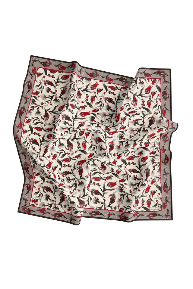 Ecru Dark Gray Carnation Tulip Pattern Silk Square Scarf - 3