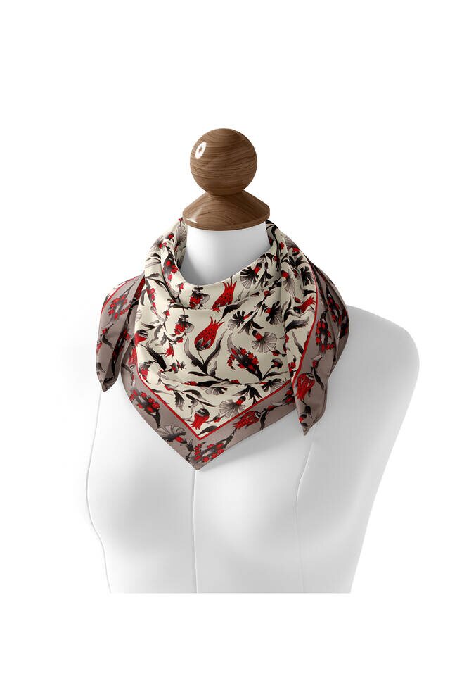 Ecru Dark Gray Carnation Tulip Pattern Silk Square Scarf - 2