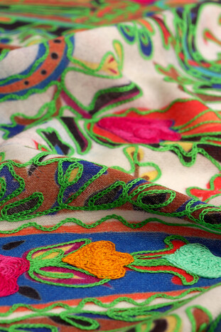 Ecru Embroidered Marimo Wool Shawl - Thumbnail