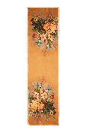 Ecru Floral Narrow Silk Foulard - Thumbnail