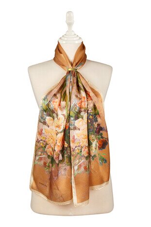 Ecru Floral Narrow Silk Foulard - Thumbnail