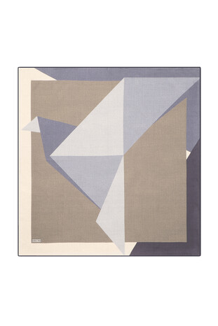 Ecru Gray Geometric Pattern Twill Silk Square Scarf - Thumbnail