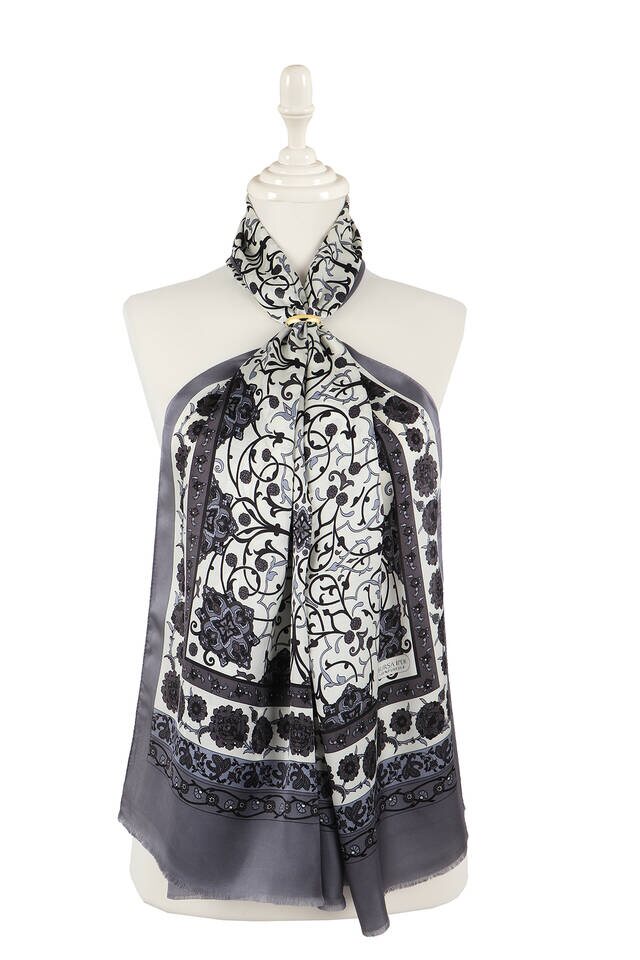 Ecru Gray Ivy Silk Foulard - 1