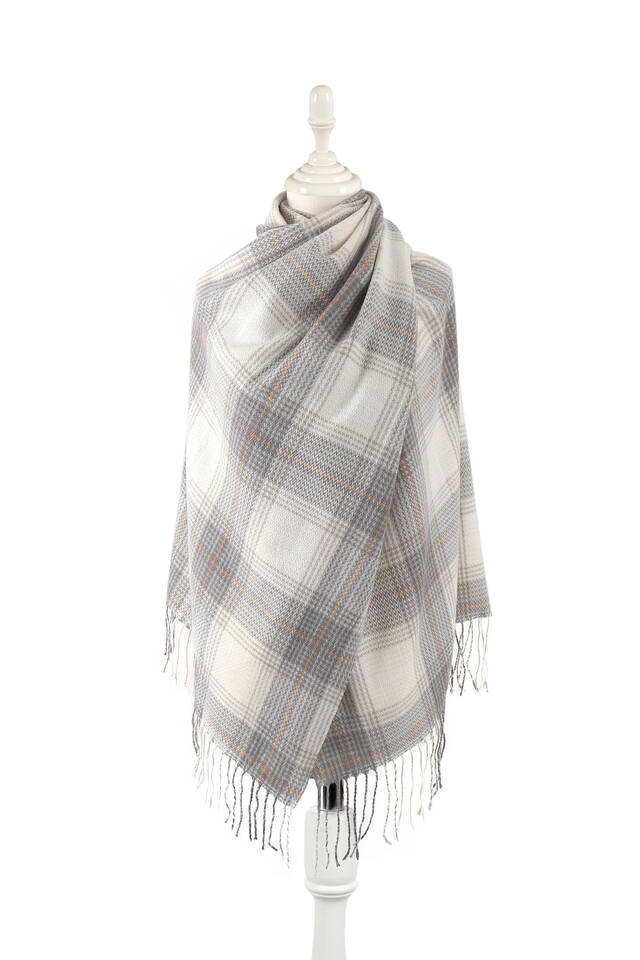 Ecru Grey Patterned Winter Shawl - Bursa İpek