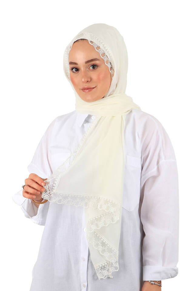 Ecru Narrow Guipure Mawlid Scarf - 2