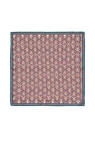 Ecru Navy Blue Çintemani Pattern Silk Pocket Square - Thumbnail