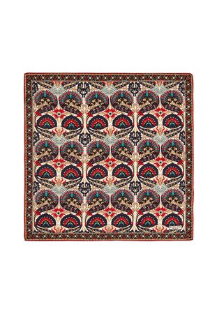 Ecru Navy Blue Peacock Pattern Silk Pocket Square 