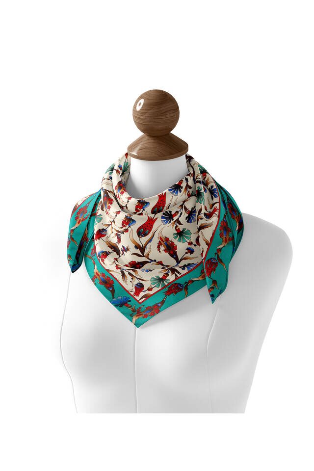 Ecru Oil Carnation Tulip Pattern Silk Square Scarf - 2