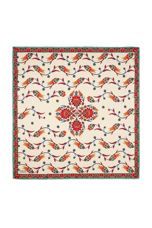 Ecru Oil Sequin Tulip Pattern Silk Square Scarf 