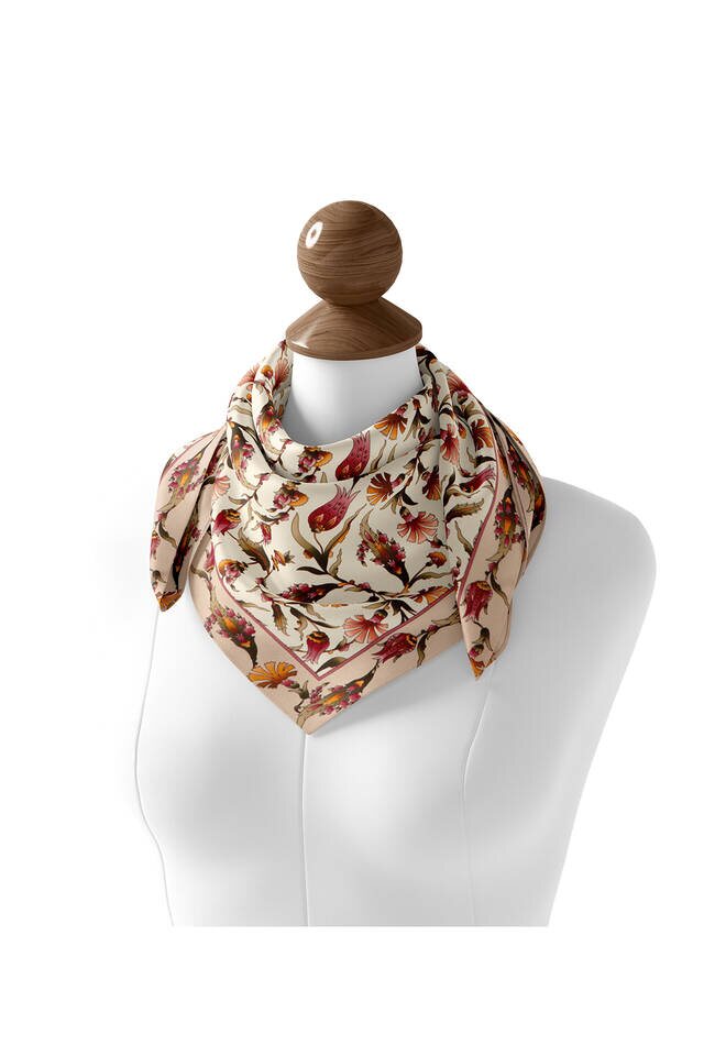 Ecru Powder Carnation Tulip Pattern Silk Square Scarf - 2