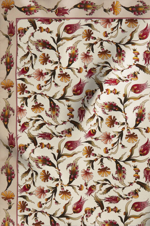 Ecru Powder Carnation Tulip Pattern Silk Square Scarf - 4