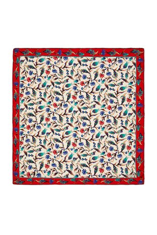 Ecru Red Carnation Tulip Pattern Silk Square Scarf 