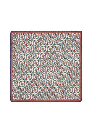 Ecru Red Ivy Tulip Pattern Silk Pocket Square - Thumbnail