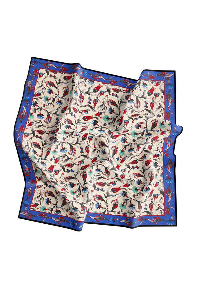 Ecru Saks Carnation Tulip Pattern Silk Square Scarf - 3