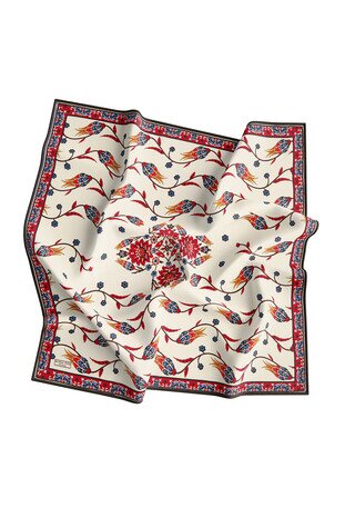 Ecru Saks Row Tulip Pattern Silk Square Scarf - Thumbnail
