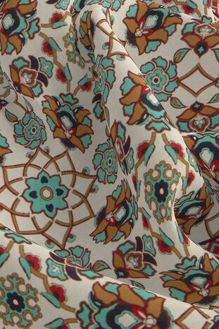Ecru Taba Motif Pattern Silk Pocket Square - Thumbnail