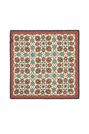 Ecru Taba Motif Pattern Silk Pocket Square - Thumbnail