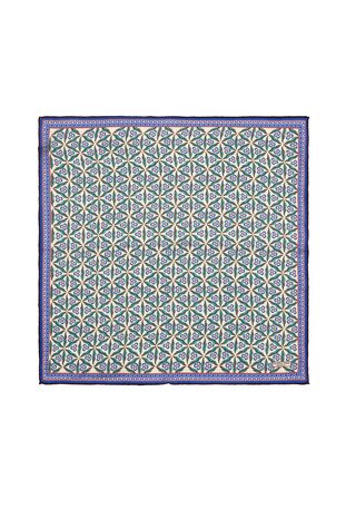 Ecru Turquoise Çintemani Pattern Silk Pocket Square - Thumbnail