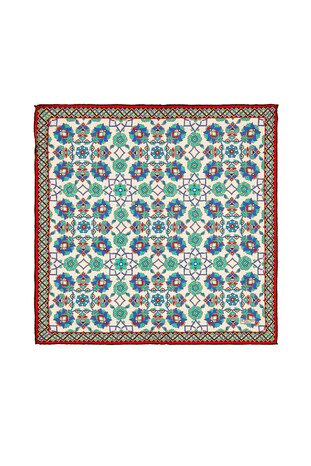 Ecru Turquoise Motif Pattern Silk Pocket Square - Thumbnail
