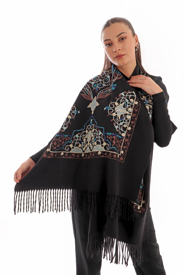 Black Embroidered Winter Shawl - 2