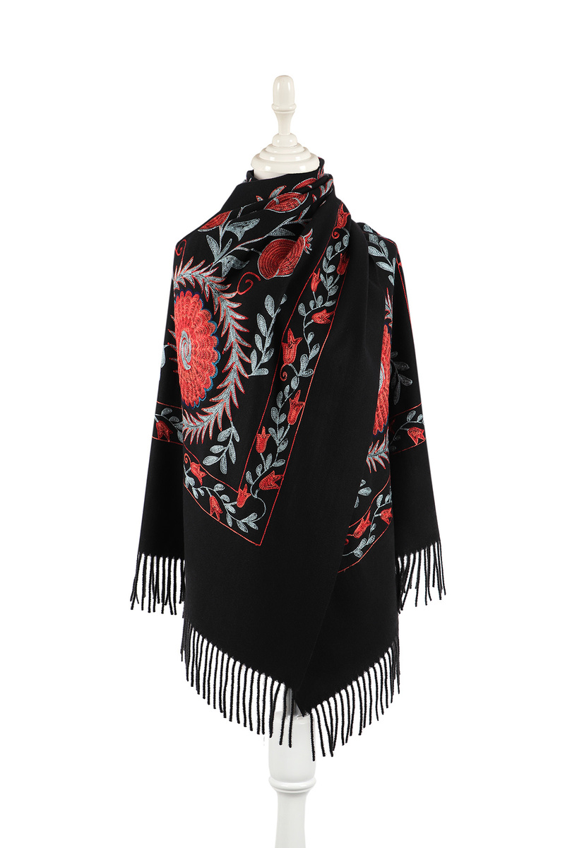 Black Embroidered Winter Shawl - Bursa İpek